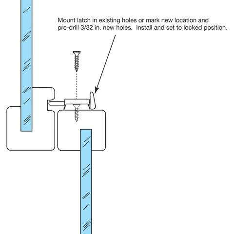 Diagram showing installation of a cam-action lock for vertical and horizontal sliding windows securing aluminum frames.