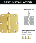 Illustration of Heavy Duty Interior Door Hinges 3.5 Inch By 3.5 Inch 5 Eighth Inch Radius Satin Brass 10 Pack, shows removable pin and screws.