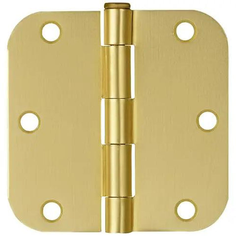 Heavy Duty Interior Door Hinges 3.5 Inch By 3.5 Inch 5 Eighth Inch Radius Satin Brass 10 Pack Steel Construction Front View