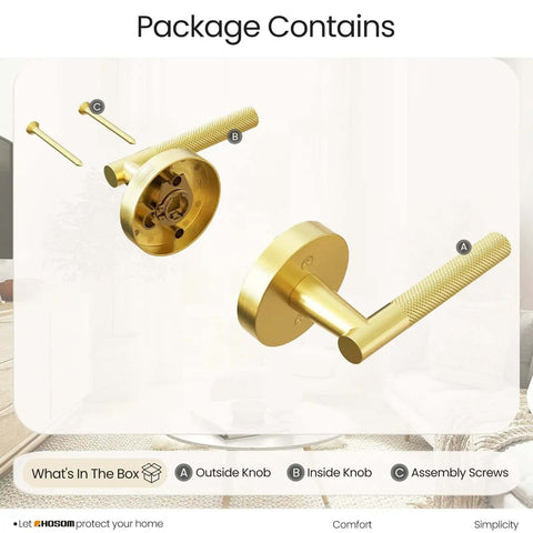 Package contents of Two Pack Knurled Brushed Gold Dummy Door Handles For Interior Doors with knobs and screws.