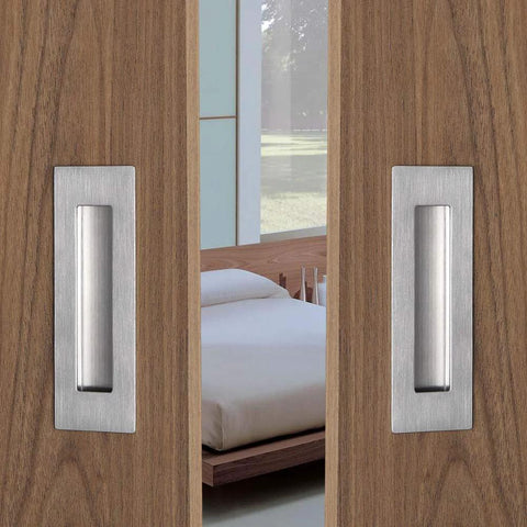 Flush Pull Two Pack Six Inch Rectangular Satin Brushed Hand Polished Chamfered Edges installed on wooden sliding doors