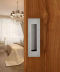 Flush Pull Two Pack Six Inch Rectangular Satin Brushed Hand Polished Chamfered Edges installed on wooden door