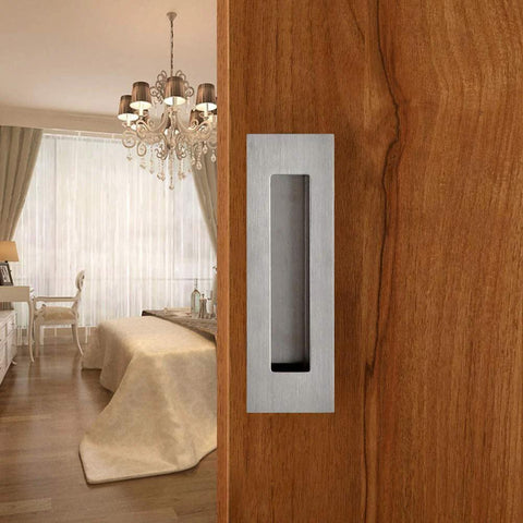 Flush Pull Two Pack Six Inch Rectangular Satin Brushed Hand Polished Chamfered Edges installed on wooden door