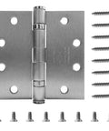 Three Pack 4.5 Inch By 4.5 Inch Commercial Grade Ball Bearing Door Hinges With Non Removable Pin Stainless Steel Construction UL Listed And 3 Hour Fire Rated Full Mortise Satin Chrome JS5BB1 Heavy Duty For High Usage Doors shown with screws