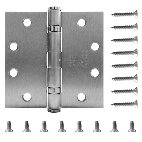 Three Pack 4.5 Inch By 4.5 Inch Commercial Grade Ball Bearing Door Hinges With Non Removable Pin Stainless Steel Construction UL Listed And 3 Hour Fire Rated Full Mortise Satin Chrome JS5BB1 Heavy Duty For High Usage Doors shown with screws