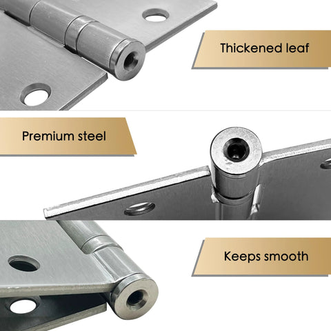 Close-up of a Three Pack 4.5 Inch By 4.5 Inch Commercial Grade Ball Bearing Door Hinges With Non Removable Pin Stainless Steel Construction.