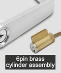 6-pin brass cylinder assembly of Keyed Entry Grade 2 Commercial Door Lever Lock Non-Handed Satin Chrome 26D Backset 2 3 Quarter Inch UL Fire Rated.