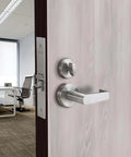 Beefy Heavy Duty Grade One Mortise Lockset With Lever Door Handle Non Handed Rose Trim Satin Chrome US32D installed on office door