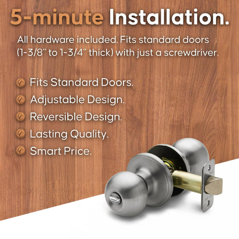 Privacy Interior Door Knob With Turn Button Lock ANSI Grade 3 Certified Modern Heavy Duty Handle in Satin Stainless Finish