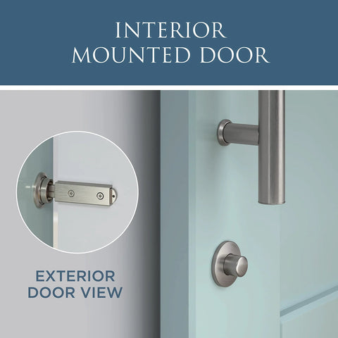 Privacy Barn Door Lock With Emergency Release Satin Nickel Sliding Latch For Single Or Bi Parting Doors 5 Inch Length visible.
