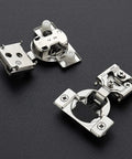 Concealed satin-nickel cabinet hinge set with mounting plates; three soft-close hinges shown