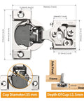 50 Pack Half Inch Overlay Concealed Cabinet Hinges With 3D Soft Close, 105 Degree Open Angle, technical dimensions, satin nickel