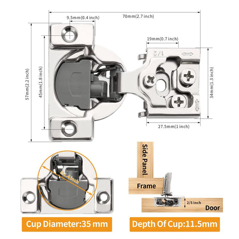 50 Pack Half Inch Overlay Concealed Cabinet Hinges With 3D Soft Close, 105 Degree Open Angle, technical dimensions, satin nickel