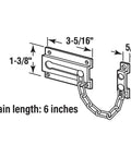 Diagram of Satin Nickel Door Guard with a 6 inch welded steel chain and 3-5/16 x 5/8 inch keeper highlighting dimensions.