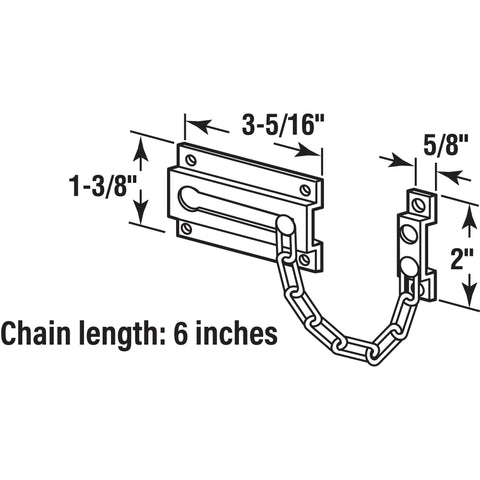 Diagram of Satin Nickel Door Guard with a 6 inch welded steel chain and 3-5/16 x 5/8 inch keeper highlighting dimensions.