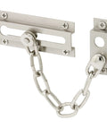 Satin Nickel Door Guard with a 6 inch welded steel chain and 3-5/16 x 5/8 inch keeper provides controlled opening for safe viewing and ventilation, boosting security on entry doors for homes and offices.