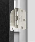 Installed 12 Pack Heavy-Duty 3-1/2" Interior Door Hinges with 5/8" Radius Corners - Satin Nickel on black door frame