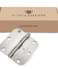 (12 Pack) Heavy-Duty 3-1/2" Interior Door Hinges with 5/8" Radius Corners - Satin Nickel next to Cauldham packaging