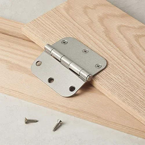 Interior Door Hinge Rounded 3.5 Inch By 3.5 Inch Satin Nickel Pack Of 18 shown with mounting screws on wood surface
