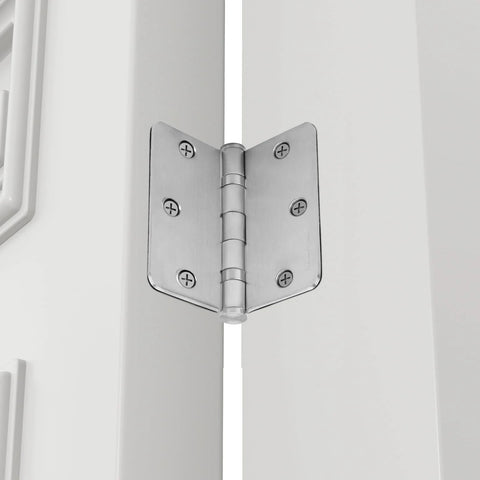 Close-up of 3 Pack 304 Stainless Steel Door Hinges 3.5 By 3.5 Inches Satin Nickel Brushed Finish installed on door.