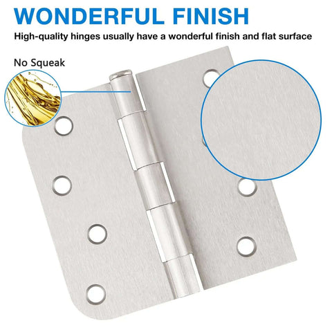 3 Pack Heavy Duty Satin Nickel Door Hinges For 4 Inch Doors With Square Rounded Corners And Five Eighths Inch Radius, close-up view