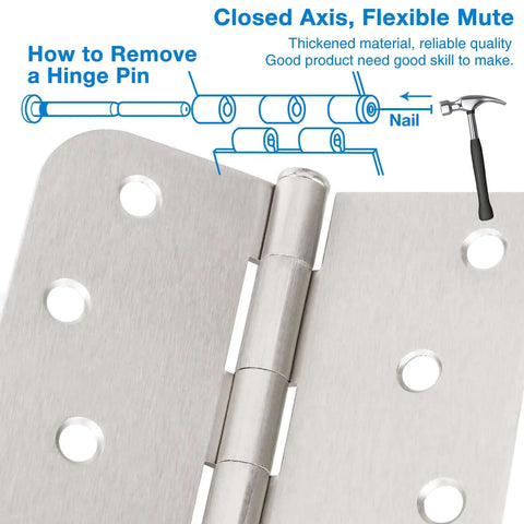 Diagram showing hinge pin removal process for 3 Pack Heavy Duty Satin Nickel Door Hinges For 4 Inch Doors With Square Rounded Corners.