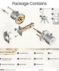 Diagram of components included with a keyed entry door knob set for residential use, showing inside knob, outside knob, and keys.