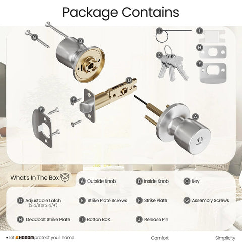 Diagram of components included with a keyed entry door knob set for residential use, showing inside knob, outside knob, and keys.