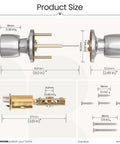 Product size diagram of keyed entry door knob with lock and key for exterior and interior doors satin nickel finish dual locking mechanism.