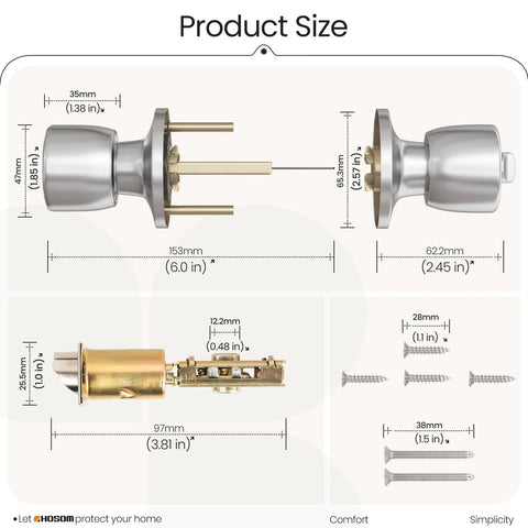 Product size diagram of keyed entry door knob with lock and key for exterior and interior doors satin nickel finish dual locking mechanism.