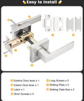 5 Pack Satin Nickel Square Door Levers And Handles For Interior Passage Locks with components, latch, and screws detailed for installation.
