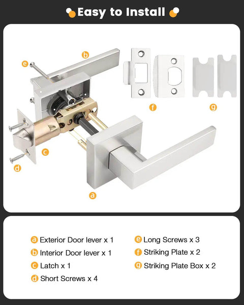 5 Pack Satin Nickel Square Door Levers And Handles For Interior Passage Locks with components, latch, and screws detailed for installation.