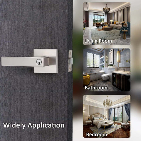 Keyed Alike Entry Door Lever Set With Lock And Key Satin Nickel Square Door Handle for living room, bathroom, bedroom use.
