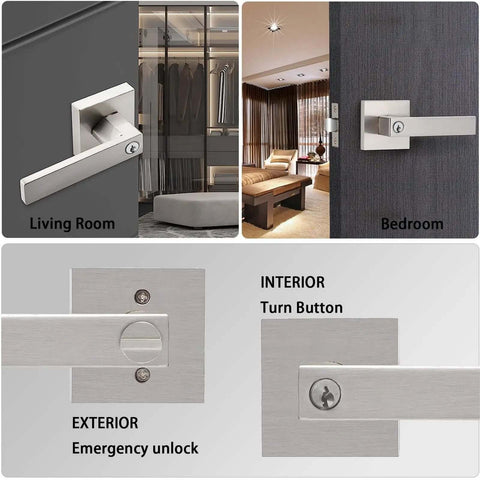 Keyed Alike Entry Door Lever Set With Lock And Key Satin Nickel Square Door Handle for front door, bedroom, or bathroom use.
