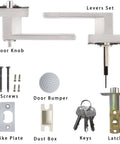 Keyed Alike Entry Door Lever Set With Lock And Key Satin Nickel Square Door Handle and installation parts.
