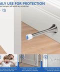 Pack Of 12 Spring Door Stops Flexible Heavy Duty Door Stoppers With Rust Proof Screws And Rubber Bumper Tips Satin Nickel Finish Keeps Doors From Slamming Into Walls And Scratching Wood No Slam Easy Install For Kid Friendly Home, shown installed on a wooden floor and baseboard.