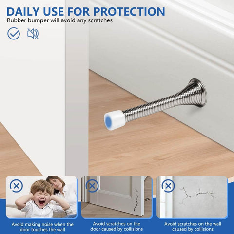 Pack Of 12 Spring Door Stops Flexible Heavy Duty Door Stoppers With Rust Proof Screws And Rubber Bumper Tips Satin Nickel Finish Keeps Doors From Slamming Into Walls And Scratching Wood No Slam Easy Install For Kid Friendly Home, shown installed on a wooden floor and baseboard.