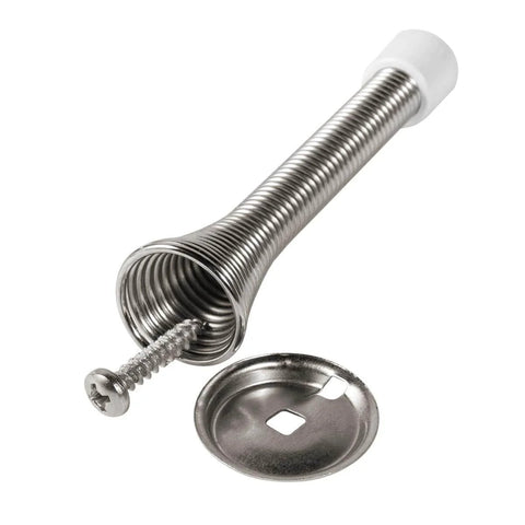 Close-up of a spring door stop from a Pack Of 12 Spring Door Stops Flexible Heavy Duty Door Stoppers With Rust Proof Screws And Rubber Bumper Tips Satin Nickel Finish Keeps Doors From Slamming Into Walls And Scratching Wood No Slam Easy Install For Kid Friendly Home