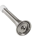 Close-up of a satin nickel spring door stop with rubber bumper tip and rustproof screw, part of a pack of 12 spring door stops.
