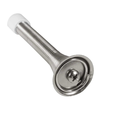Close-up of a satin nickel spring door stop with rubber bumper tip and rustproof screw, part of a pack of 12 spring door stops.