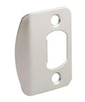 Universal door strike plate with adjustable latch, 2-pack in satin nickel, screws included, designed to replace worn strike hardware.