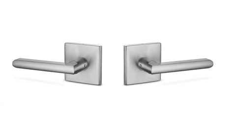 Dummy Lever Door Handles 2 Pack For Closet And French Doors, satin nickel finish, slim square non-turning, front view.