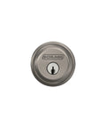 Front view of satin nickel high security exterior deadbolt with hardened bolt, anti pick pins, anti drill plates for exterior doors.