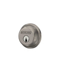 Front view of high security exterior deadbolt with hardened bolt, anti-pick pins, anti-drill plates, keyed deadbolt for exterior doors, satin nickel finish.
