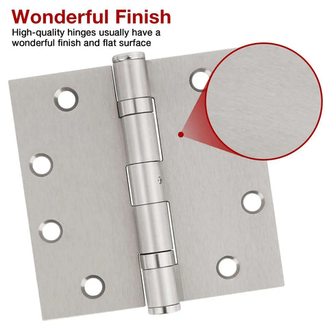 Close-up of Three Pack 4.5 Inch Satin Nickel Ball Bearing Door Hinges Commercial Grade with focus on the satin finish and screw holes.