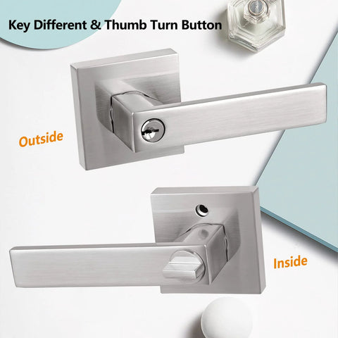 Keyed Entry Lever Lock For Exterior And Front Doors, Heavy Duty Satin Nickel Finish, Reversible Design Fits Right And Left Hand, Adjustable Latch, showing inside and outside view with thumb turn button.