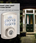 Powerbolt 250 10 Button Keypad Electronic Deadbolt With Auto Lock And Keyless Entry for Satin Nickel Exterior Doors illuminated at night