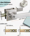 Keyed Entry Lever Lock For Exterior And Front Doors, Heavy Duty Satin Nickel Finish, with adjustable latch and measurements shown