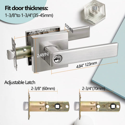 Keyed Entry Lever Lock For Exterior And Front Doors, Heavy Duty Satin Nickel Finish, with adjustable latch and measurements shown