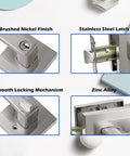 Keyed Entry Lever Lock For Exterior And Front Doors, Heavy Duty Satin Nickel Finish, close-up of brushed nickel, latch, and locking mechanism